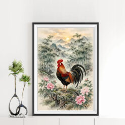 Mẫu tranh treo tường khổ đứng vẽ con gà trống đứng trên mỏm đá, hoa mẫu đơn đẹp, những khóm tre xanh và cảnh núi non