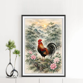 Mẫu tranh treo tường khổ đứng vẽ con gà trống đứng trên mỏm đá, hoa mẫu đơn đẹp, những khóm tre xanh và cảnh núi non