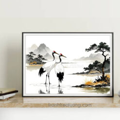 Mẫu tranh treo tường vẽ đôi chim hạc trên mặt nước sông và cây cối trên núi đồi