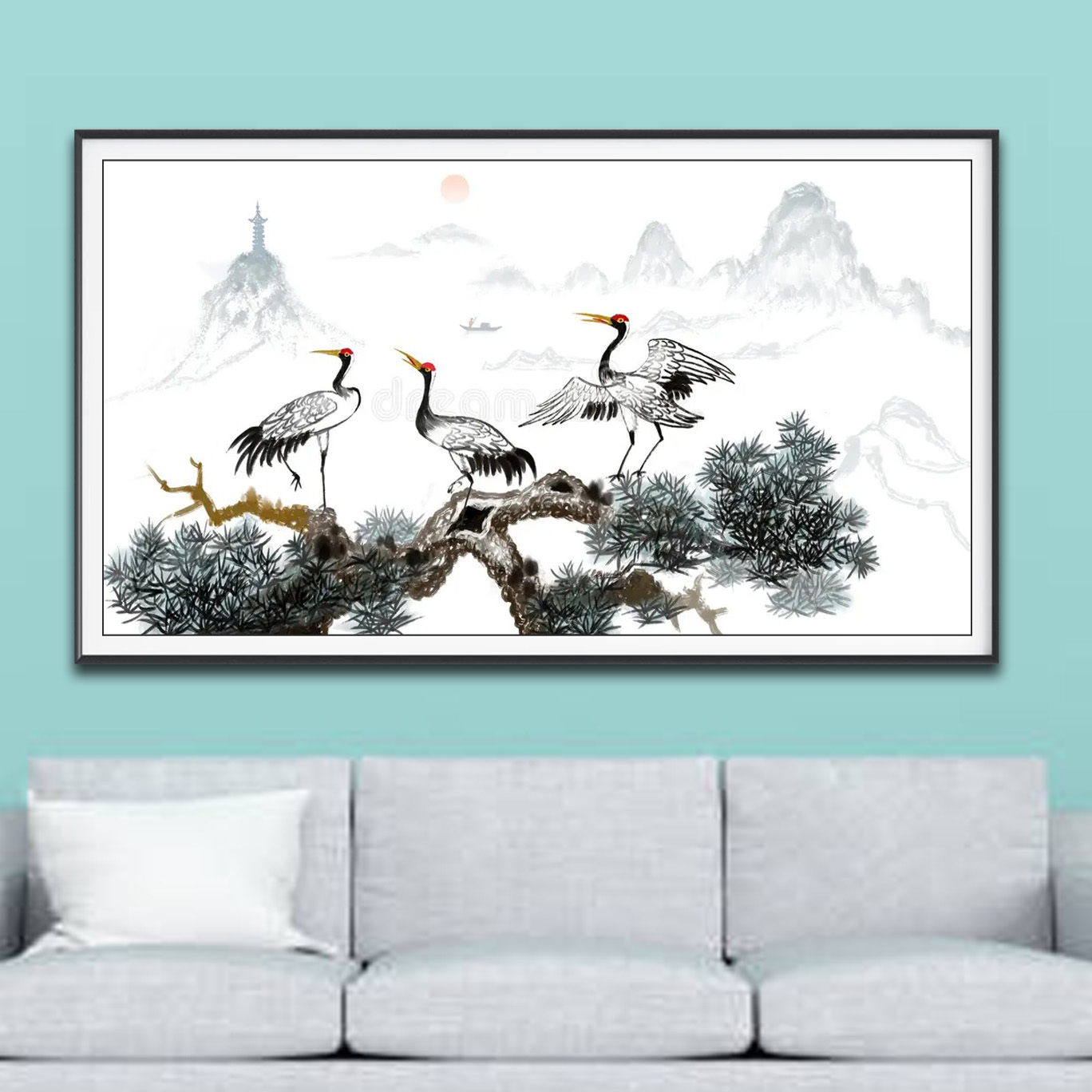 Mẫu tranh treo tường vẽ màu nước thuỷ mặc hình ảnh đàn chim hạc đậu trên cây tùng cổ thụ