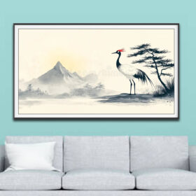 Mẫu tranh treo tường vẽ màu nước đen trắng hình ảnh con chim hạc lớn đứng bên bờ sông cành cây tùng cổ thụ
