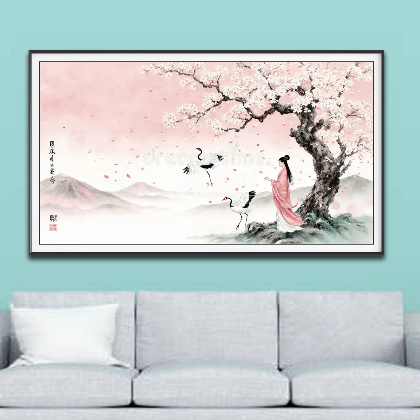 Mẫu tranh treo tường vẽ đôi chim hạc và cô gái mặc áo hồng đứng dưới gốc cây đào cổ thụ