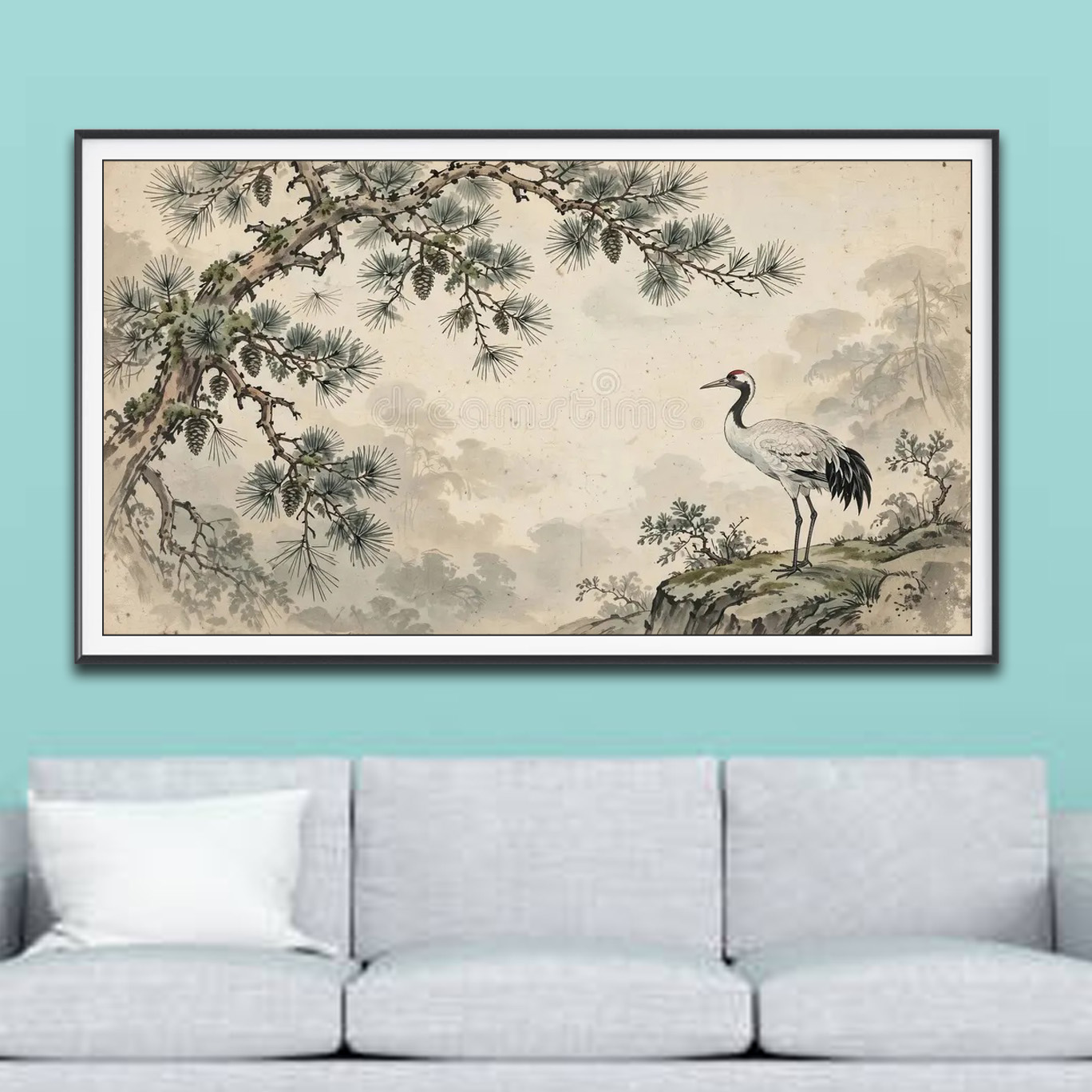 Mẫu tranh treo tường vẽ chim hạc đứng trên mỏm núi hướng về phía cây tùng