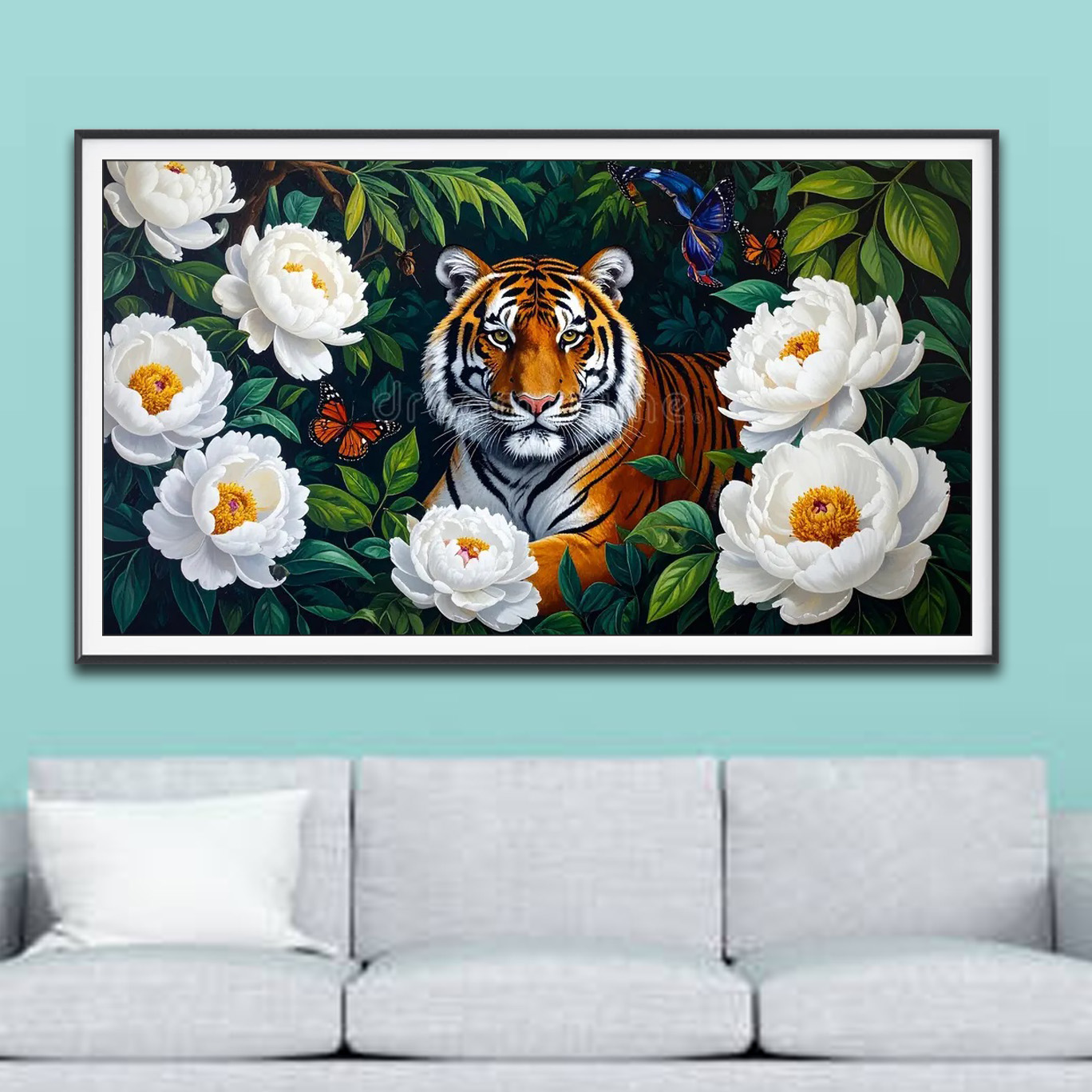 Mẫu tranh treo tường hình ảnh con hổ nằm giữa tán lá xanh và những bông hoa mẫu đơn trắng