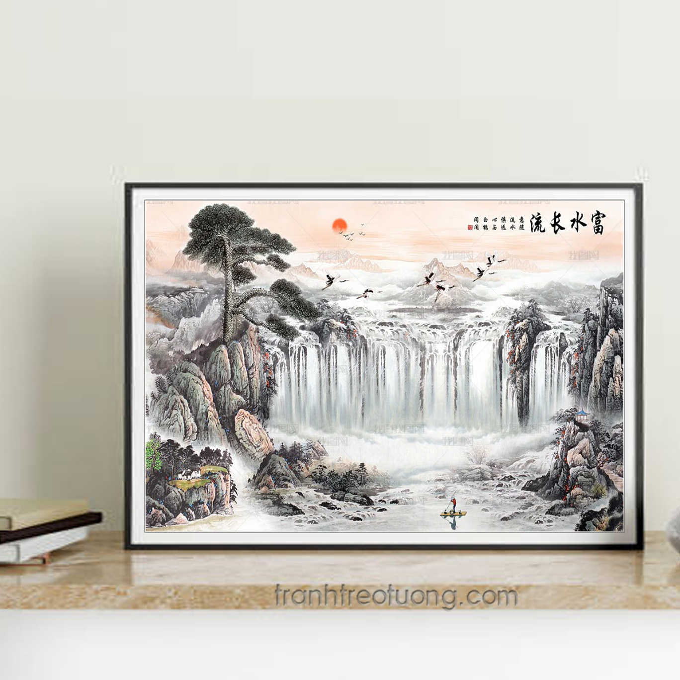 Mẫu tranh thác nước hùng vĩ vẽ màu thuỷ mặc đẹp trang nhã