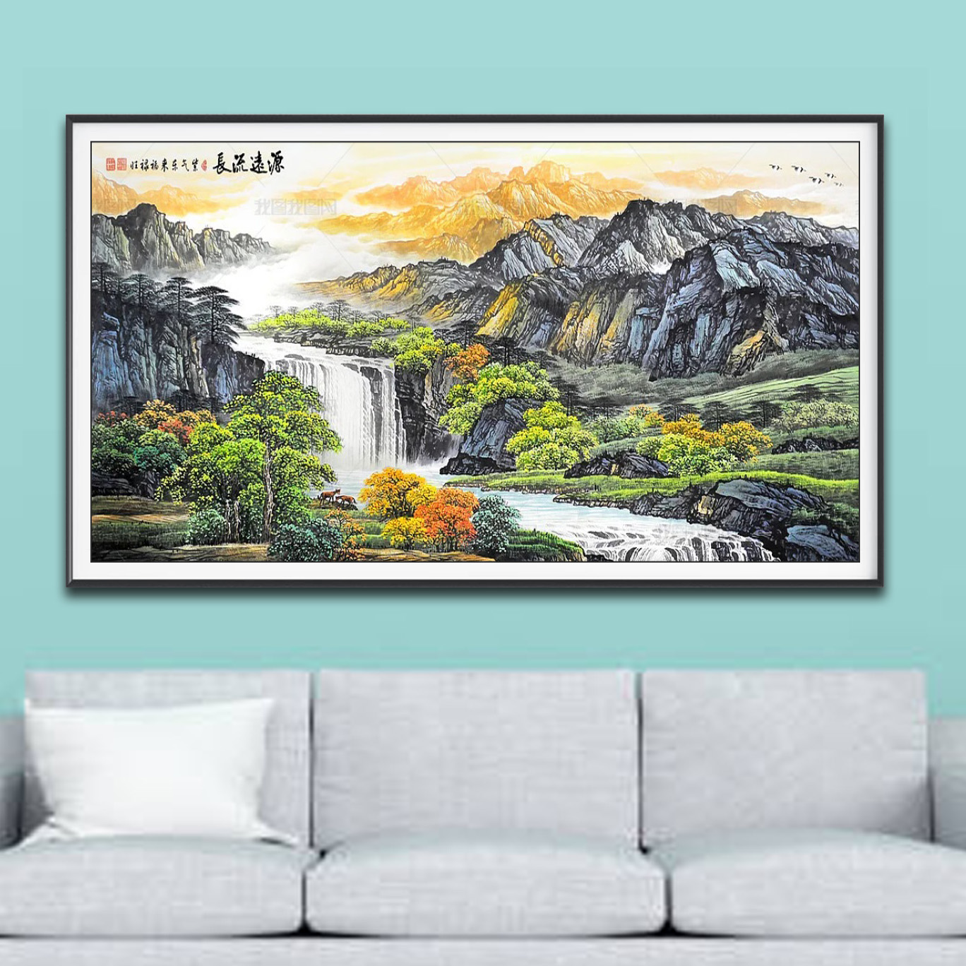 Mẫu tranh thác nước thác nước và núi non đẹp, cây cối sinh động vẽ màu nước thuỷ mặc
