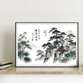Mẫu tranh thuỷ mặc đẹp vẽ công trình kiến trúc trên đỉnh núi, những cây cổ thụ, khóm tre xanh