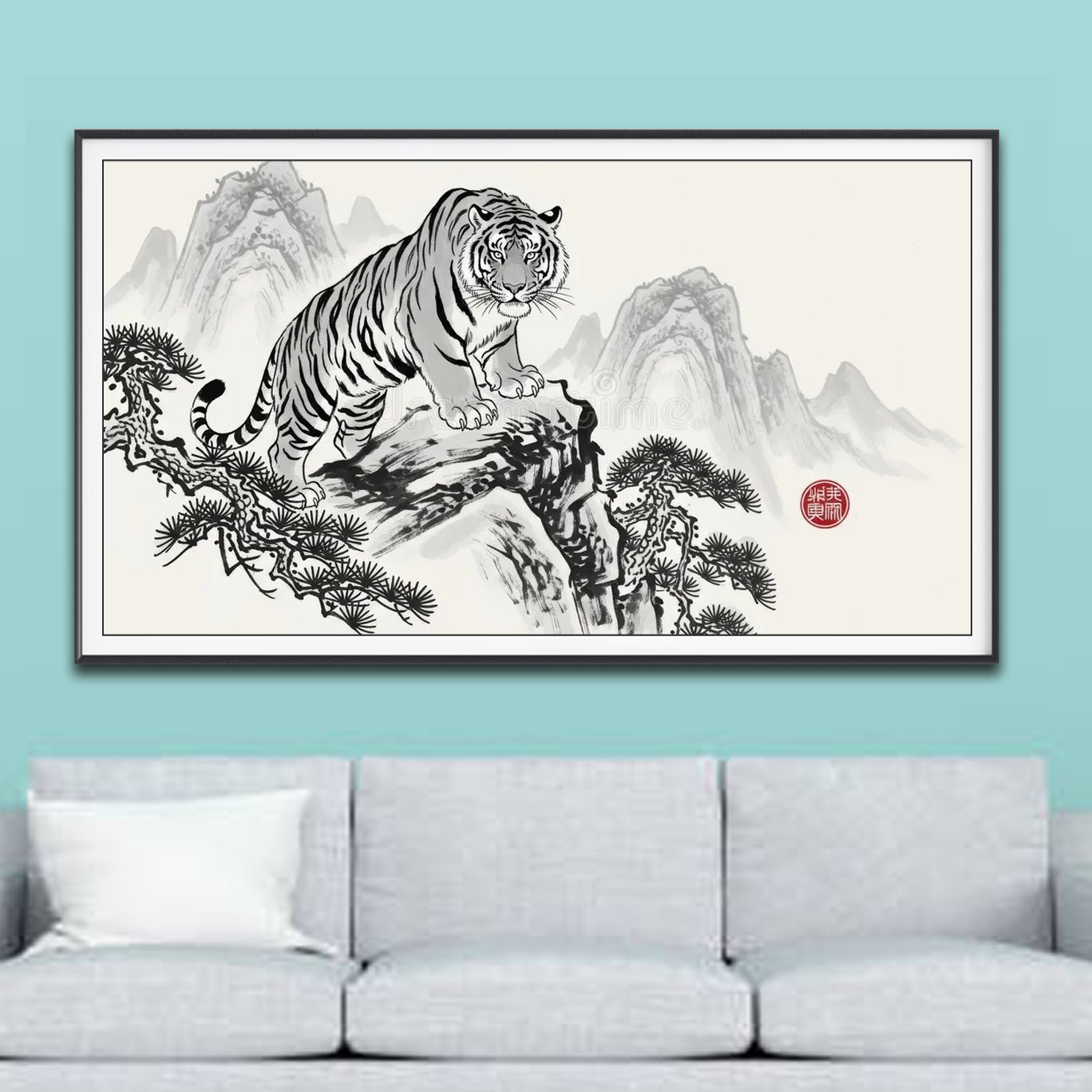 Mẫu tranh con hổ trên vách núi cao và cây tùng đẹp màu đen trắng thuỷ mặc