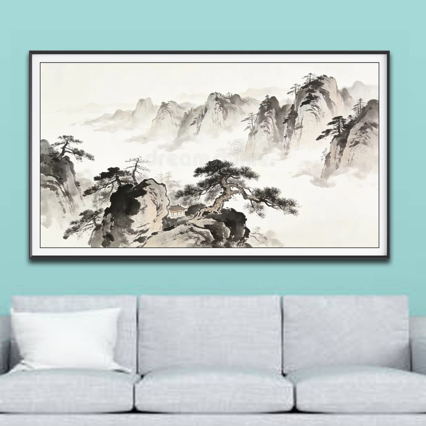 Mẫu tranh thuỷ mặc đẹp đen trắng vẽ cảnh núi non mây trắng phủ và cây tùng cổ thụ
