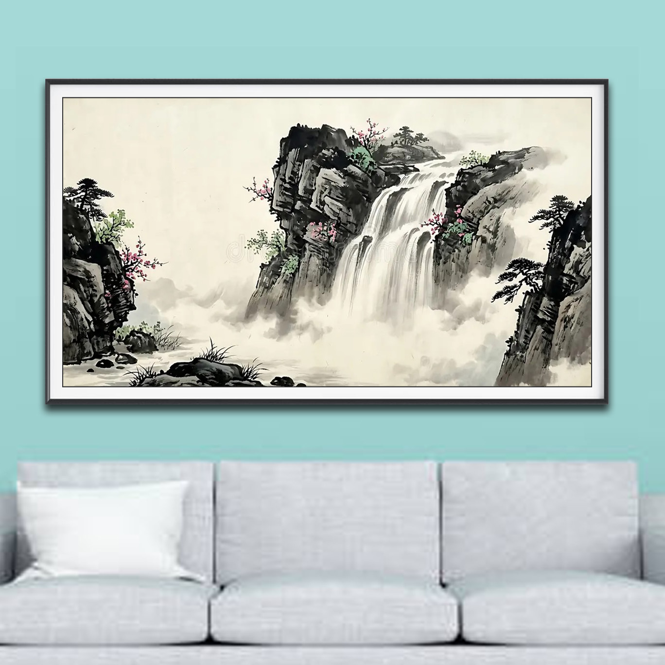 Mẫu tranh thuỷ mặc đẹp vẽ đen trắng phong cảnh thác nước hùng vĩ, núi non mây trắng giăng bay