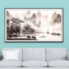 Mẫu tranh thuỷ mặc đẹp vẽ đen trắng phong cảnh núi non hùng vĩ, thuyền đò trên sông, hai con châu gặm cỏ trên bờ