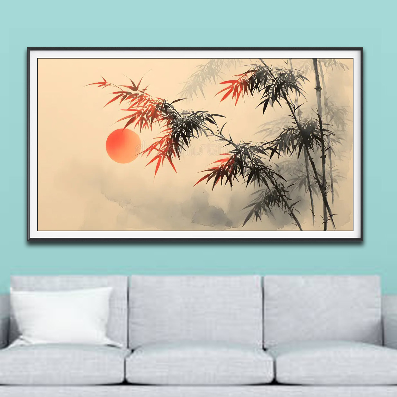 Mẫu tranh treo tường vẽ hình ảnh những cây tre đẹp màu đen điểm sắc đỏ đẹp và mặt trời