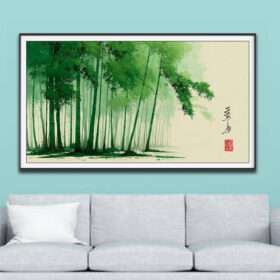 Mẫu tranh treo tường vẽ hình ảnh khóm tre xanh với màu nước loang nghệ thuật