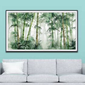 Mẫu tranh treo tường vẽ hình ảnh rừng tre xanh đẹp trong sương mây mờ ảo