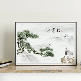 Mẫu tranh tùng hạc diên niên vẽ cây tùng cổ thụ dáng ngả đẹp và đôi chim hạc đứng trên mỏm đá