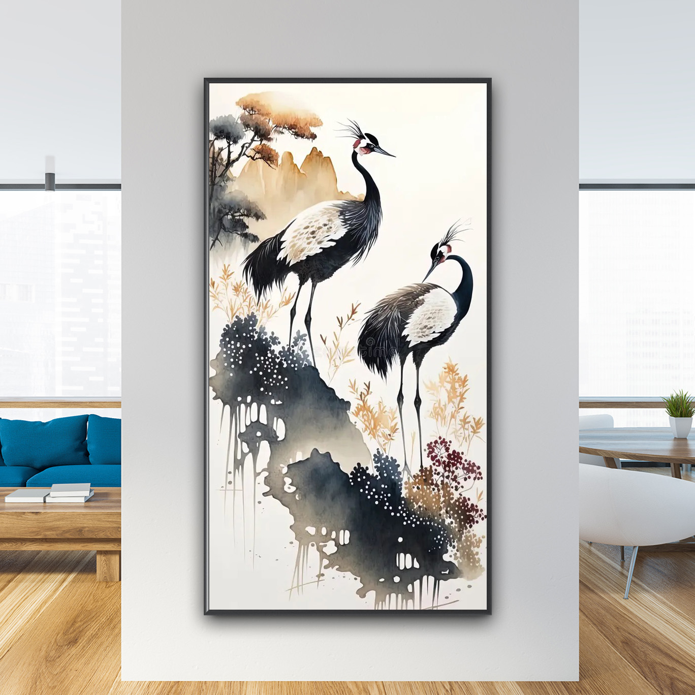 Mẫu tranh treo tường khổ dọc vẽ đôi chim hạc và hoạ tiết màu nghệ thuật