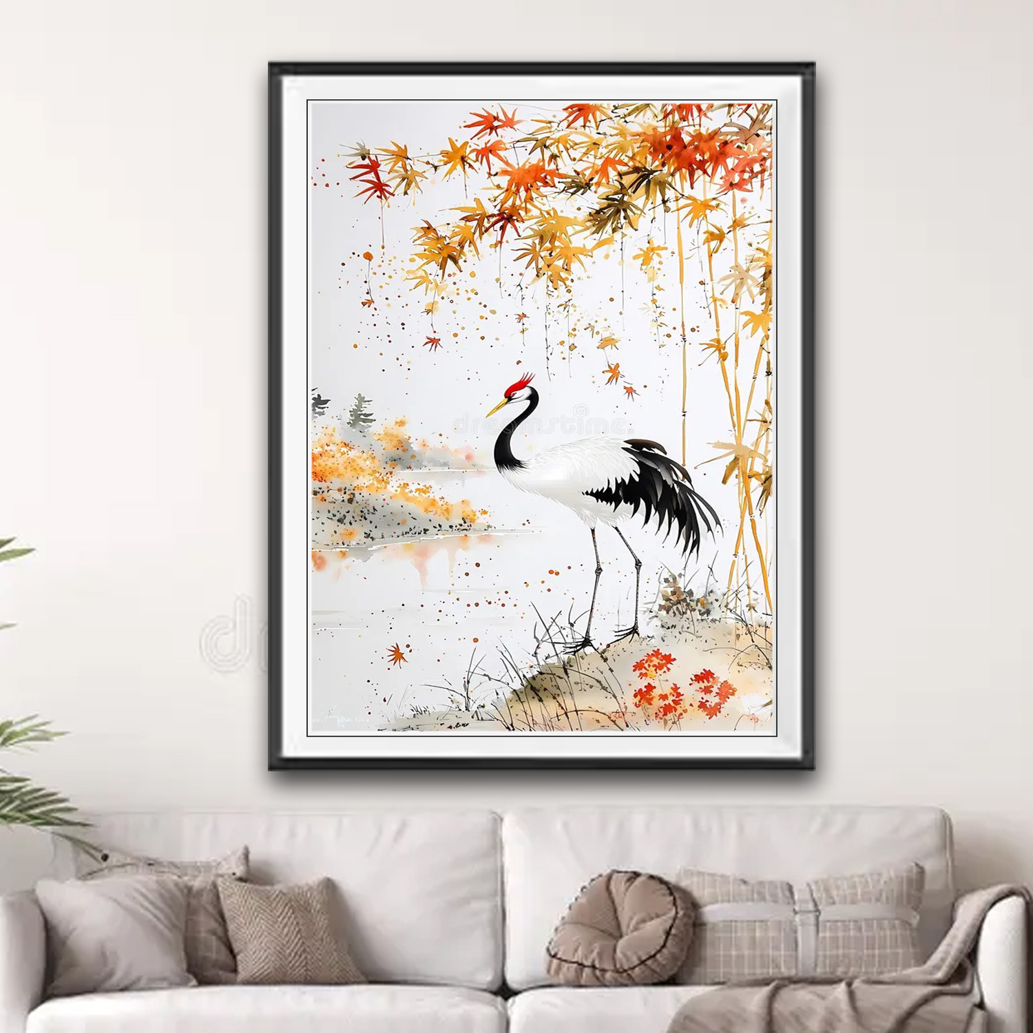 Mẫu tranh treo tường khổ đứng vẽ con chim hạc đứng bên bờ sông dưới khóm trúc vàng