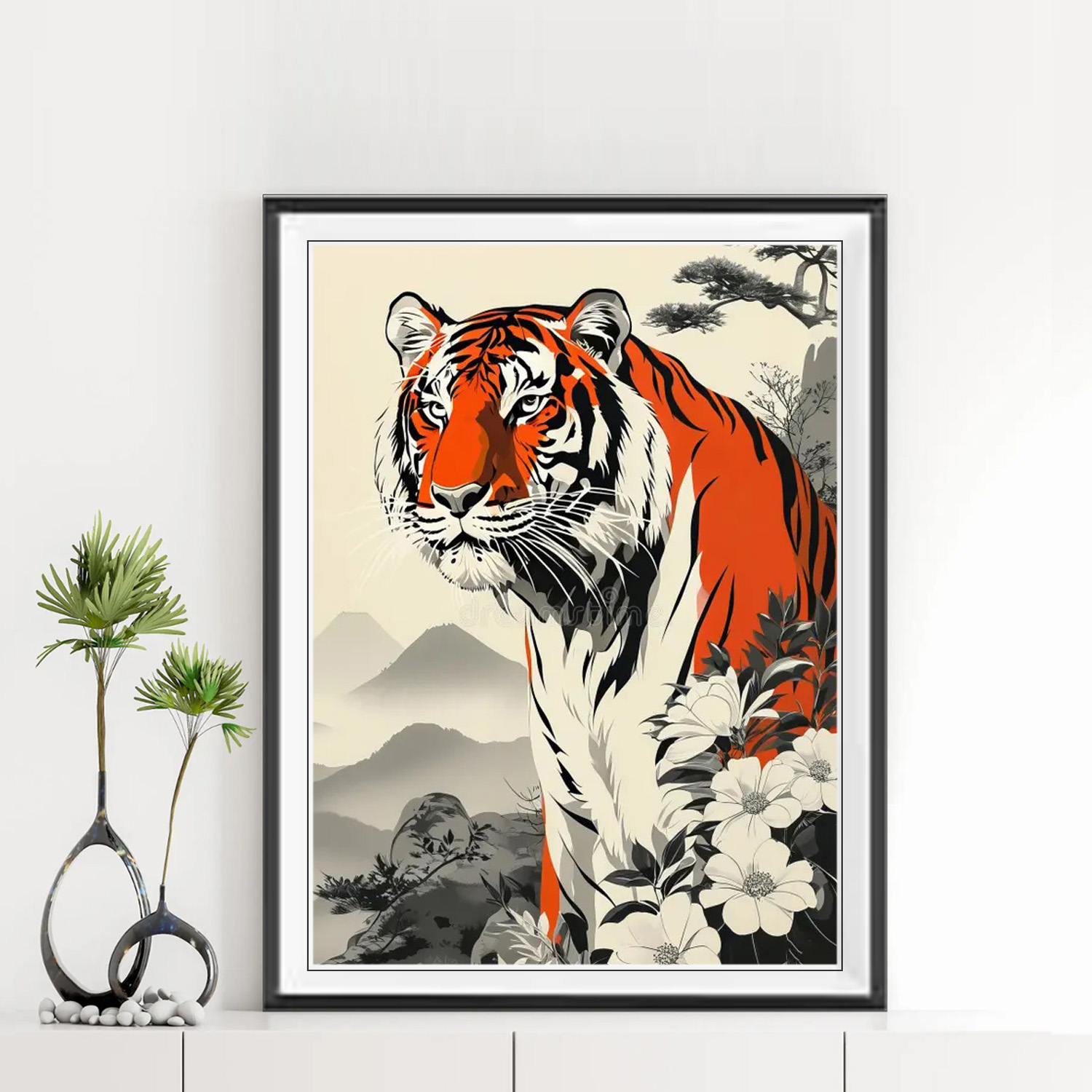 Mẫu tranh treo tường khổ đứng có nền cảnh đen trắng và con hổ uy mãnh lông màu vàng cam
