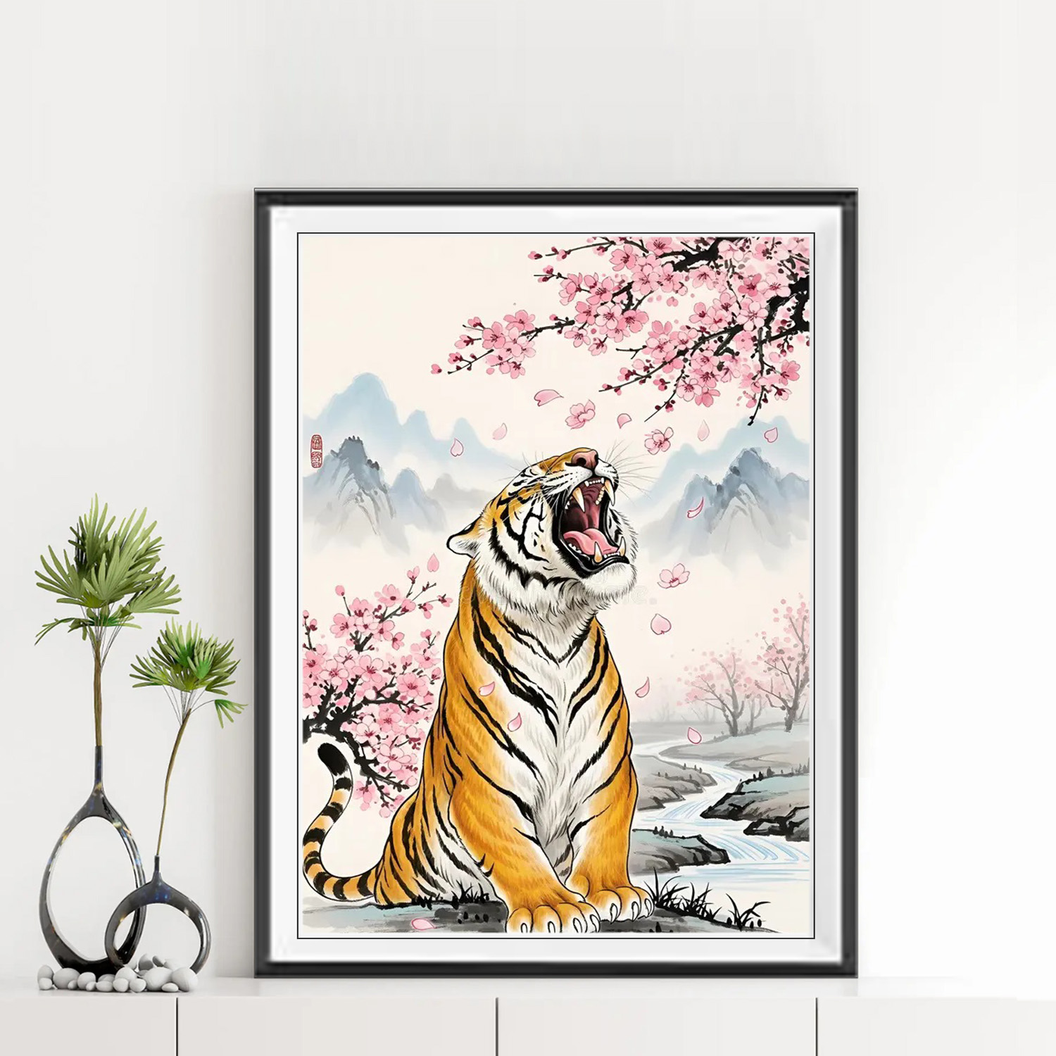 Mẫu tranh treo tường khổ đứng hình ảnh con hổ há miệng gầm uy mãnh và cành hoa đào