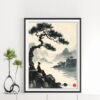 Mẫu tranh thuỷ mặc đẹp khổ đứng vẽ hình ảnh thiếu nữ ngồi dưới cây tùng cổ thụ ven sông