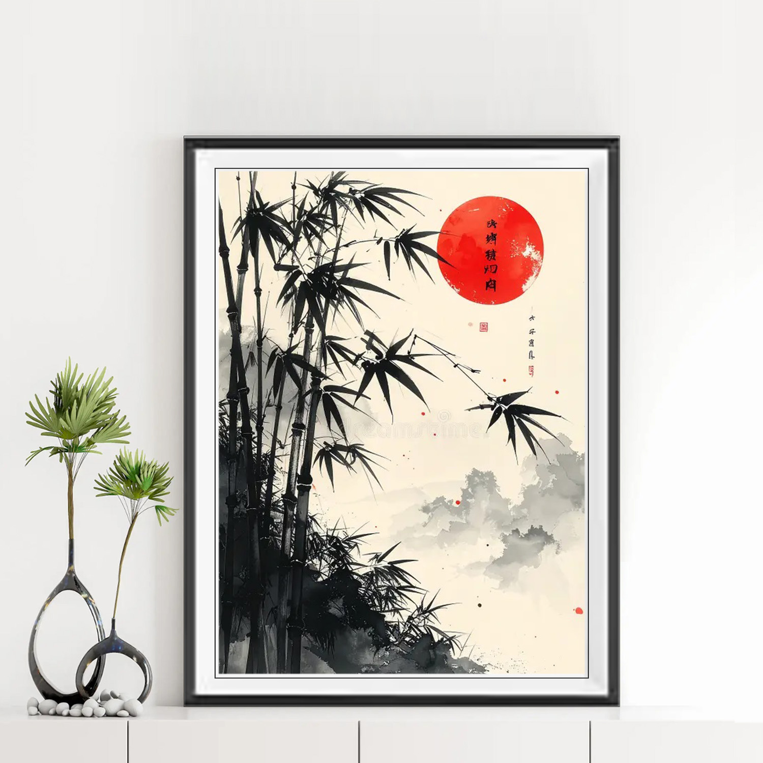 Mẫu tranh thuỷ mặc đẹp khổ đứng vẽ tre trúc và núi non đẹp cùng mặt trời đỏ tròn