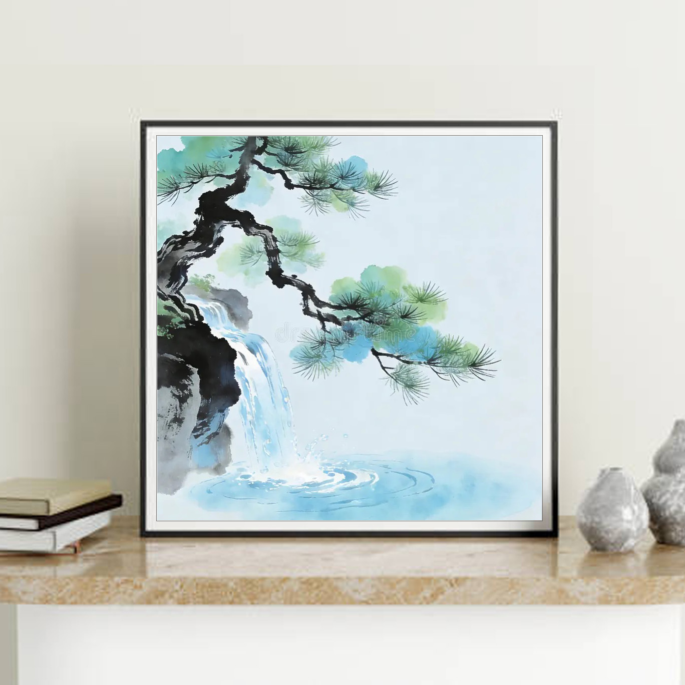 Mẫu tranh thuỷ mặc đẹp khổ vuông vẽ cây tùng cổ thụ bên thác nước chảy xuống sông