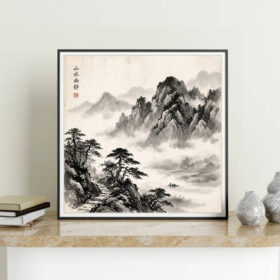 Mẫu tranh thuỷ mặc đẹp khổ vuông vẽ đen trắng hình ảnh con đường ven núi và cây tùng cổ thụ đẹp bên sông