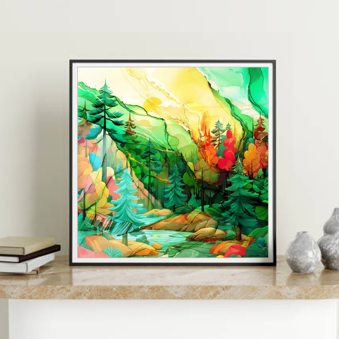 Mẫu tranh trừu tượng khổ vuông vẽ hình ảnh núi rừng mờ ảo trong sắc màu đẹp tươi tắn