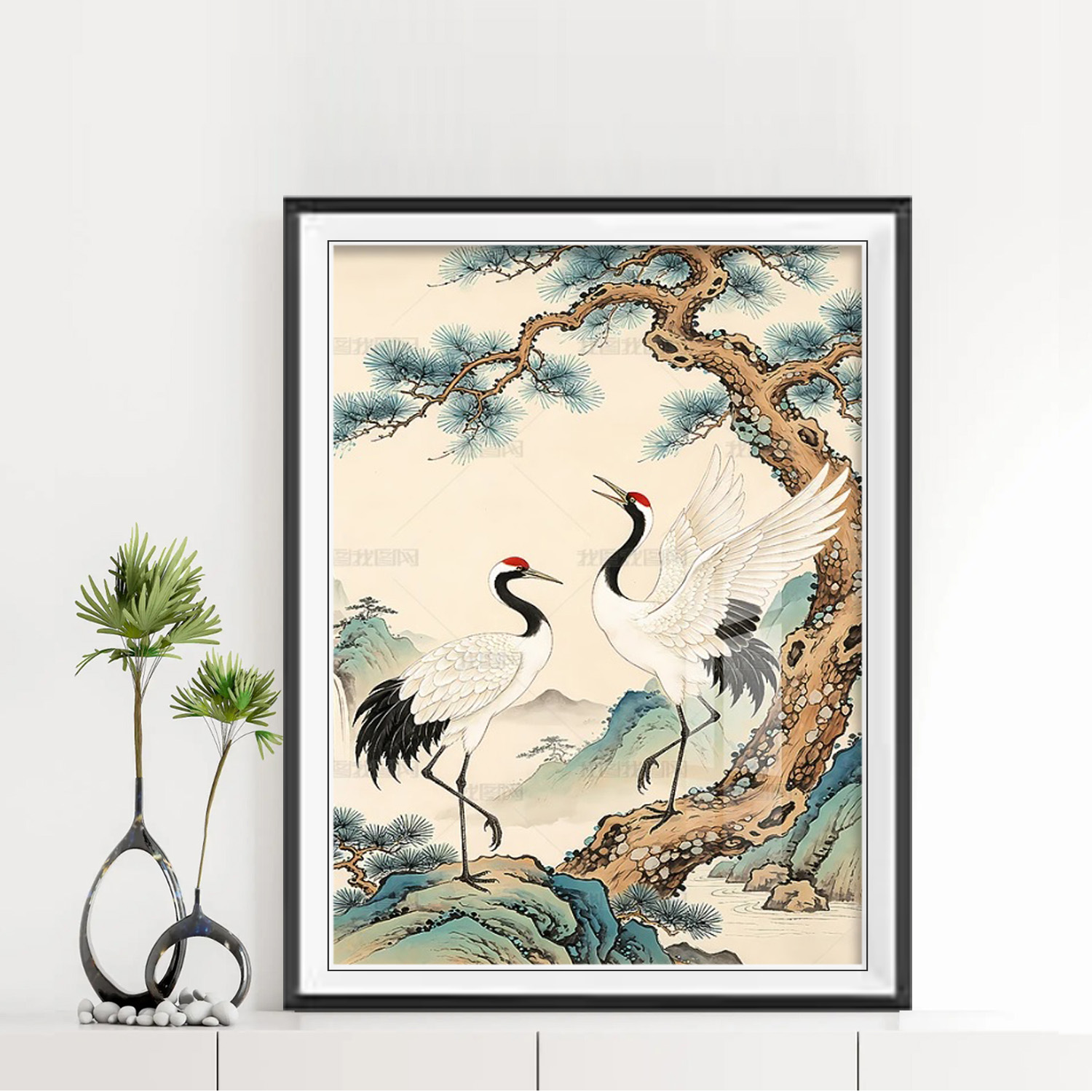 Mẫu tranh tùng hạc diên niên khổ đứng vẽ đôi chim hạc trắng và cây tùng cổ thụ đẹp kiểu màu nước thuỷ mặc